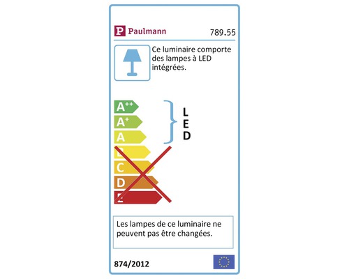 Logo Paulmann. Classe d''efficacité énergétique A. Le produit contient des lampes LED intégrées qui ne peuvent pas être remplacées.