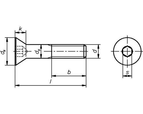 Technische Zeichnung einer Senkkopfschraube mit Innensechskant