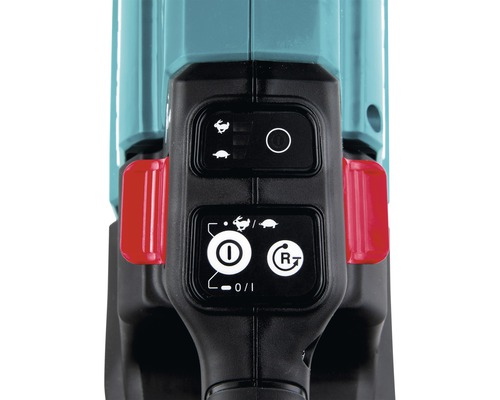 Gros plan des commandes d''une cisaille à gazon et à arbustes sans fil avec interrupteur marche/arrêt et niveaux de vitesse