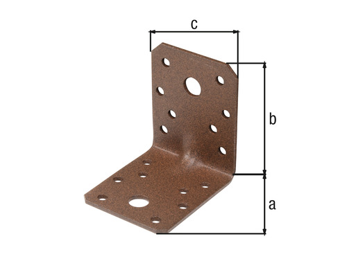 Connecteur d''angle avec différents trous de forage et les dimensions a, b et c.