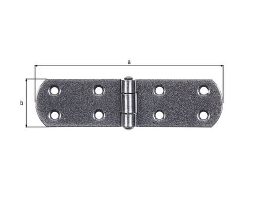 Sur la photo, une ferrure de porte avec les dimensions a et b.