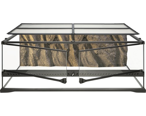 Terrarium en verre avec imitation de paroi rocheuse et couvercle amovible