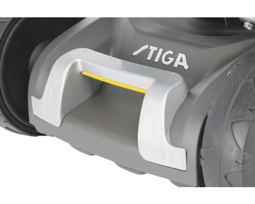 Vue détaillée d''une tondeuse à gazon avec le logo STIGA