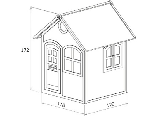 Illustration d''une cabane de jeu avec des dimensions de 172 cm de hauteur, 118 cm et 120 cm de largeur.