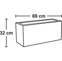 Abmessungen eines rechteckigen Pflanzkastens: 69 cm breit und 32 cm hoch