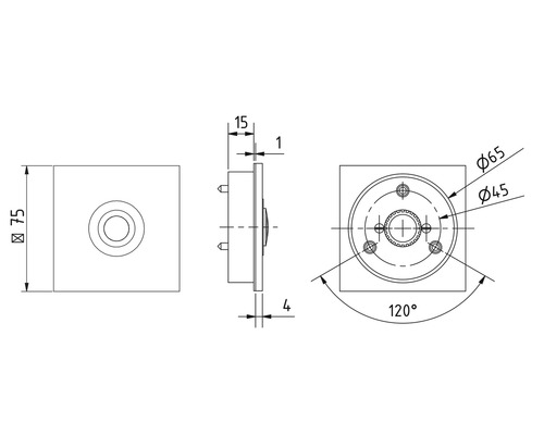 Technische Zeichnung eines quadratischen Produkts mit verschiedenen Maßangaben