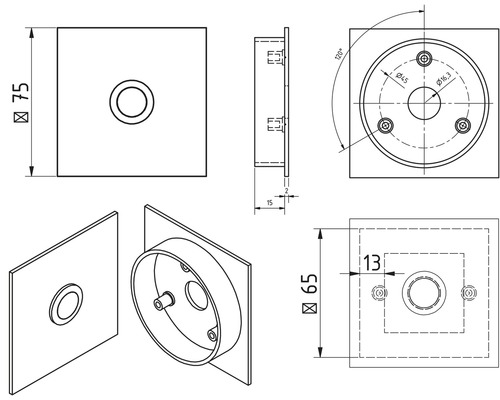 Technische Zeichnung eines Installationsgehäuses mit Maßangaben