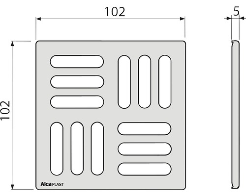 Technische Zeichnung einer Ablaufgarnitur mit Maßen 102 x 102 x 5 mm.