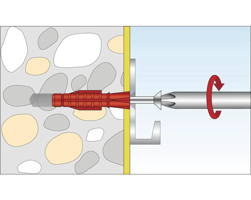 Illustration vun enger Dübelbefestigung an enger Mauer