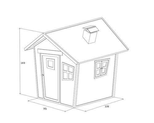Abbildung eines Kinderspielhauses mit Tür, Fenstern und Schornstein.