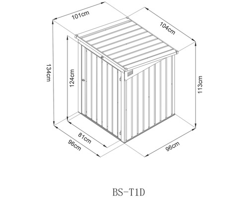 Technische Zeichnung eines Geräteschuppens mit Maßangaben.