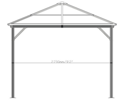 Technische Zeichnung eines Pavillons mit einer Breite von 2790 Millimeter.