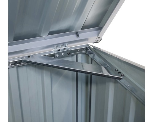 Detailansicht des Innenraums einer Gerätebox aus Metall mit geöffnetem Deckel und Metallstreben