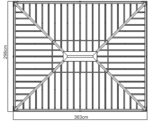 Draufsicht einer rechteckigen Terrassenüberdachung mit den Maßen 363 cm mal 298 cm