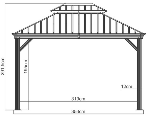 Technische Zeichnung eines Pavillons mit Maßangaben