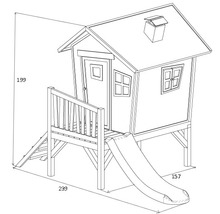 Illustration d''une cabane de jeu en bois avec toboggan et dimensions