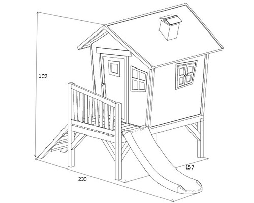 Illustration eines Holzspielhauses mit Rutsche und Maßen