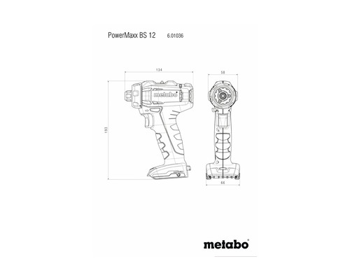 Technische Zeichnung des Metabo PowerMaxx BS 12 Akku-Bohrschraubers mit Maßangaben