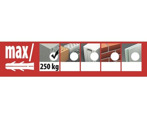 Image symbolique pour les applications de chevilles dans divers matériaux de construction avec une charge maximale de 250 kilogrammes