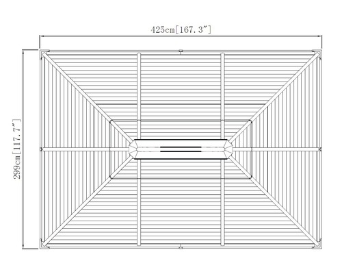Dachplan mit Abmessungen 425 mal 299 Zentimeter