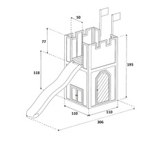 Technische Zeichnung eines Spielturms mit Rutsche und Leiter mit den Maßen 319 x 110 x 195 cm.
