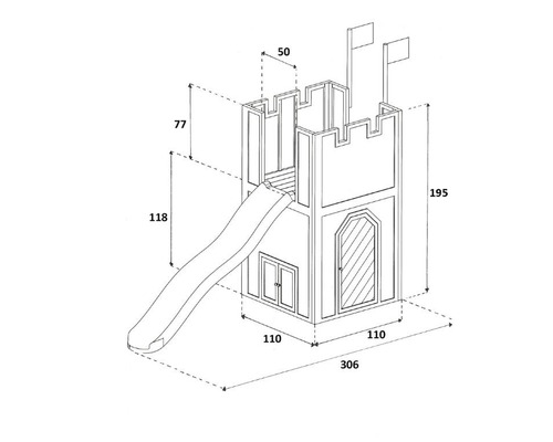 Technische Zeichnung eines Spielturms mit Rutsche und Leiter mit den Maßen 319 x 110 x 195 cm.