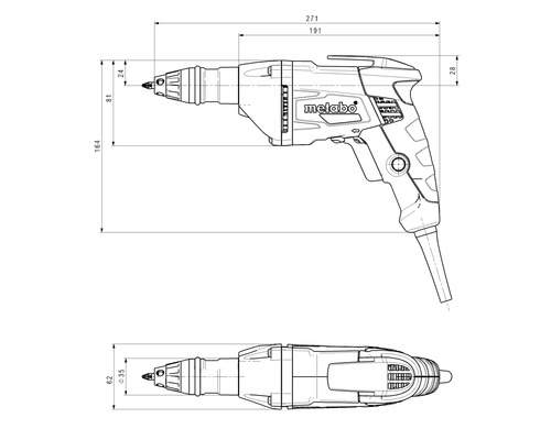 Technische Zeichnung eines Metabo Trockenbauschraubers mit Maßangaben