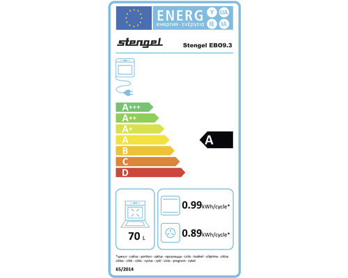 Stengel Energieetikett mit Energieeffizienzklasse A, 70 Liter Volumen und Stromverbrauch von 0,99 Kilowattstunden pro Zyklus.