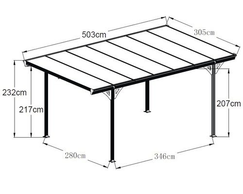 Technische Zeichnung eines Carports mit Maßangaben