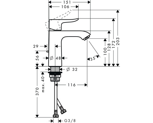 Technische Zeichnung einer Waschtischarmatur mit Maßen.