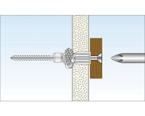 Illustration d''un montage de cheville pour corps creux dans un mur avec vis et tournevis