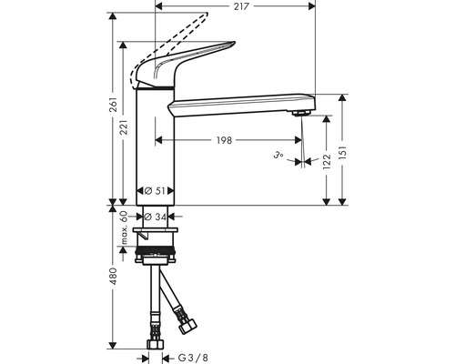 Schéma technique d''un robinet avec dimensions.