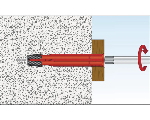Illustration d''une vis avec cheville dans un mur avec mouvement de rotation.