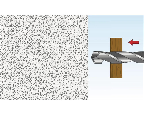 Représentation d''un forage dans du béton cellulaire avec une perceuse et une pièce de bois