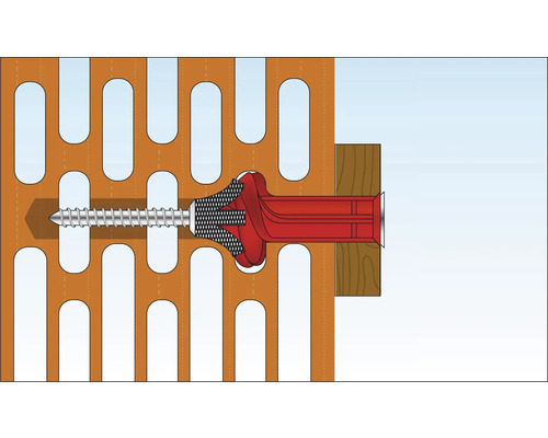 Illustration d''une fixation avec cheville et vis dans une brique perforée.