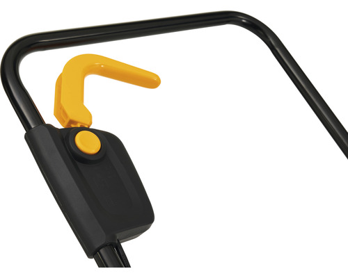 Detailaufnahme eines Rasenmähers mit Griff, Knopf und Hebel