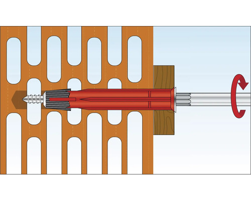 Illustration d''un montage de cheville dans un mur en briques perforées avec vis et mouvement de rotation