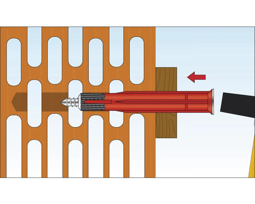 Représentation de la fixation d''une vis avec cheville dans une paroi perforée.