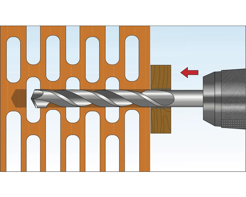 Représentation d''une perceuse avec une mèche perçant à travers un gabarit