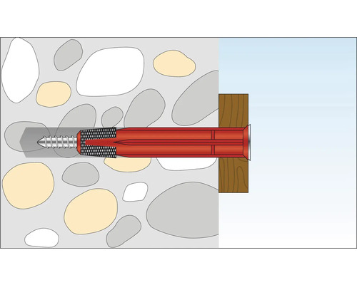 Illustration d''une vis avec cheville dans un mur de pierre avec du bois