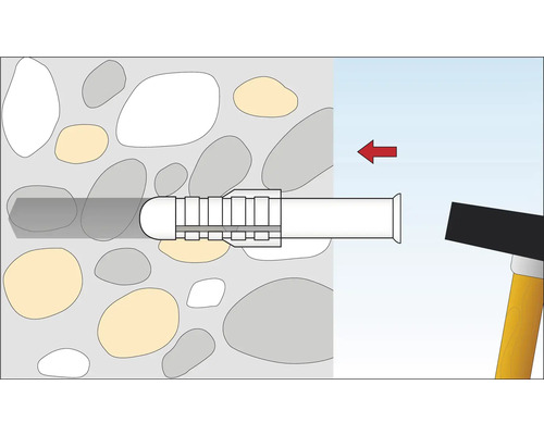 Illustration d''une cheville enfoncée dans un mur à l''aide d''un marteau