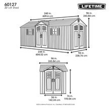 Illustration des dimensions d''un abri de jardin Lifetime, 609,6 cm de large et 243,84 cm de haut.
