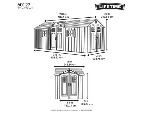 Illustration des dimensions d''un abri de jardin Lifetime, 609,6 cm de large et 243,84 cm de haut.