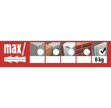 Charge maximale de 8 kilogrammes pour les chevilles dans divers matériaux de construction