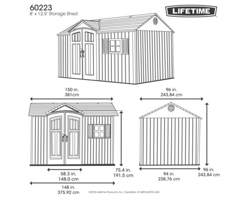 Image d''un abri de jardin avec dimensions et logo Lifetime