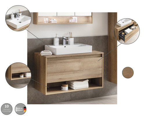 Meuble sous-lavabo avec lavabo, armoire de toilette et compartiment ouvert