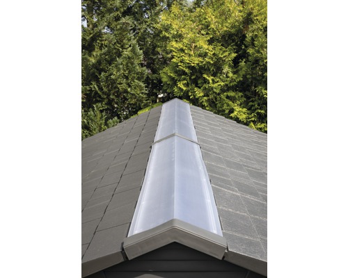 Nahaufnahme des Daches eines Gartenhauses mit einem Firstelement