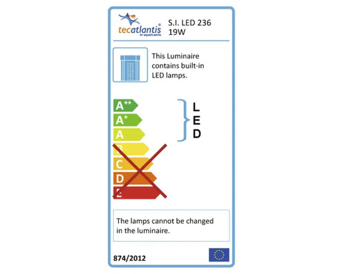 Logo Tecatlantis. Étiquette d''efficacité énergétique avec marquage LED et indication que les lampes ne peuvent pas être remplacées dans le luminaire.
