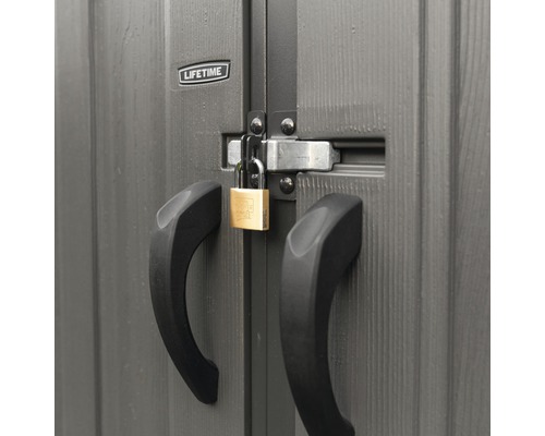 Vue détaillée d''une remise de jardin avec une poignée noire et un cadenas sur la fermeture