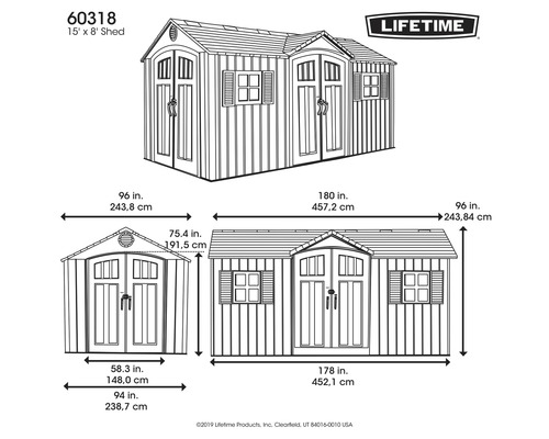 Schéma d''un cabanon de jardin avec mesures et logo Lifetime